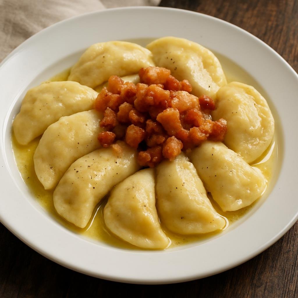 Entree: Slovenia – Southern Culinary Region – Idrijski Žlikrofi (Small filled potato dumplings from Idrija traditionally served with pork cracklings or melted butter) recipe