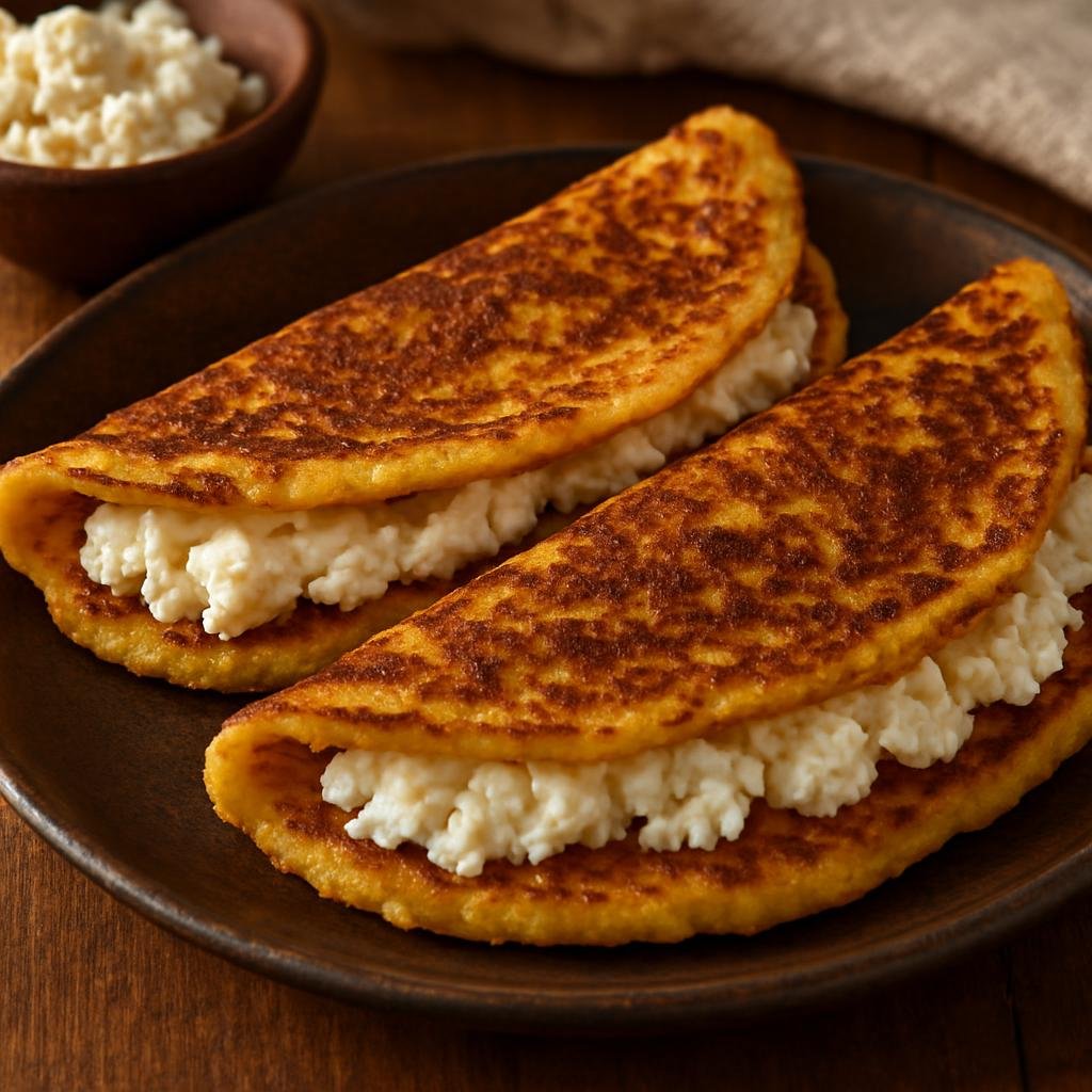 Entree: Venezuela – Southern Culinary Region – Cachapas (Thick fresh corn pancakes traditionally filled with soft Venezuelan cheese) recipe