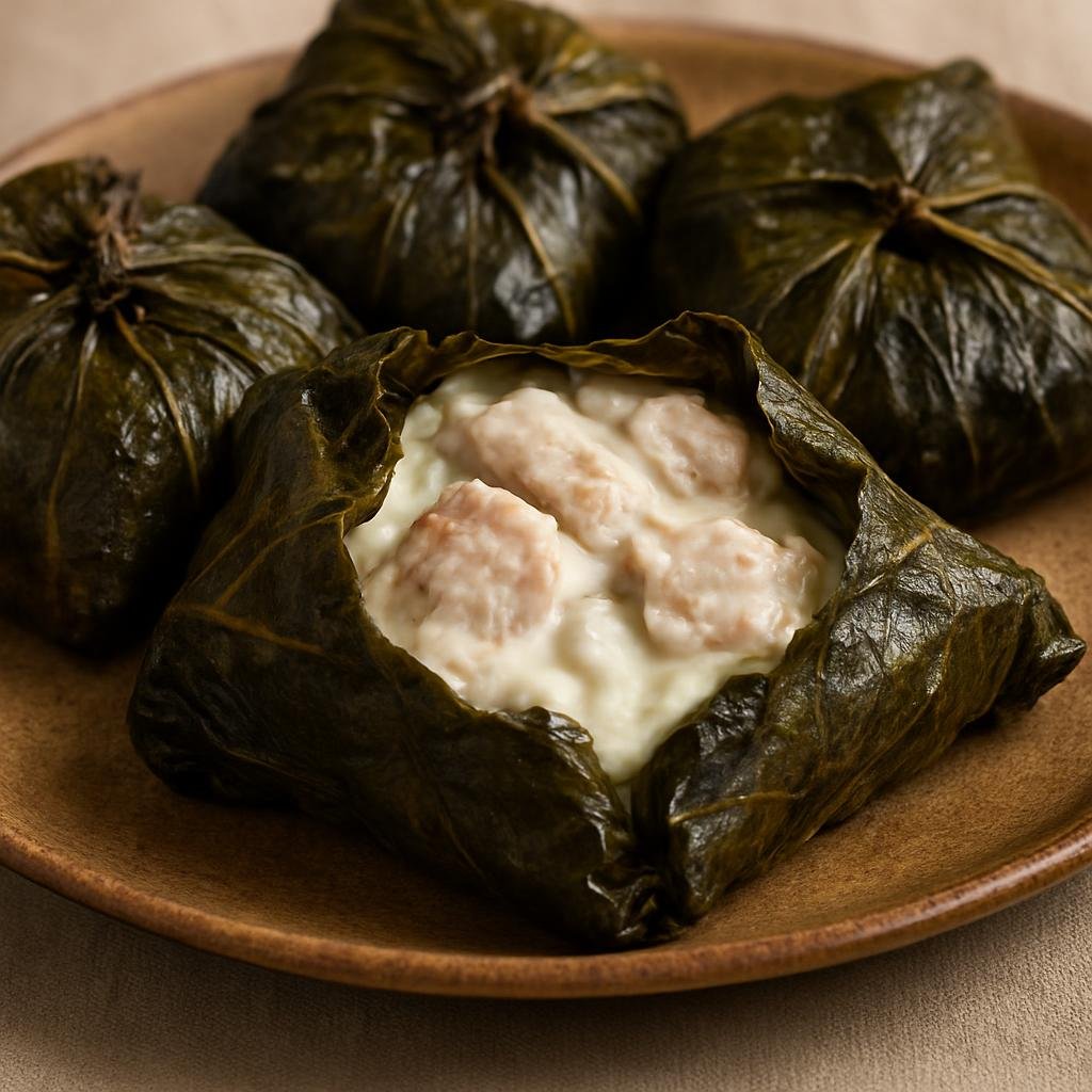 Entree: American Samoa – Northern Culinary Region – Faiai Eleni (Baked taro-leaf parcels filled with coconut cream and fish, a traditional Samoan baked leaf entree) recipe