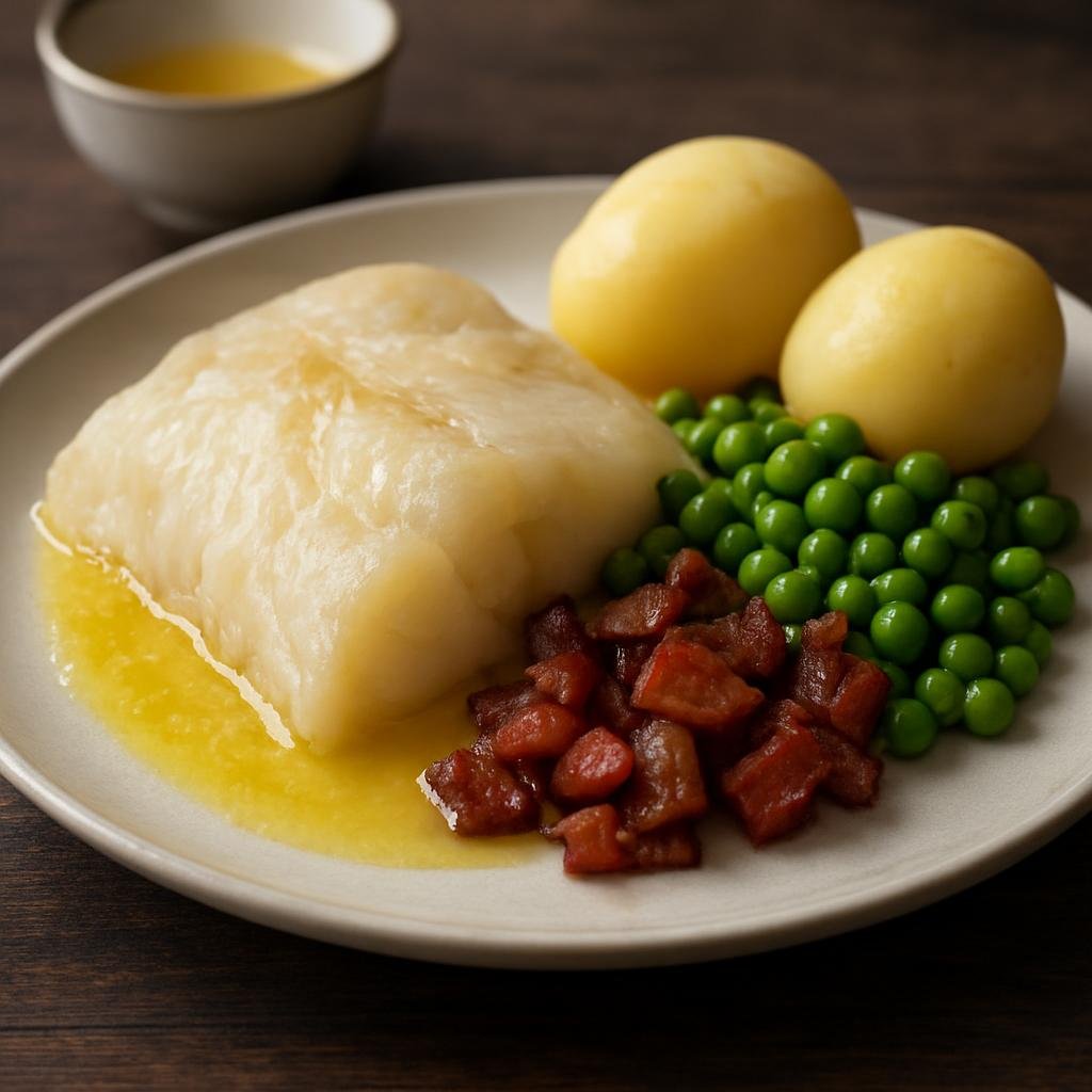 Entree: Norway – Oslo & Eastern Norway – Lutefisk (Reconstituted lye-cured dried whitefish gently cooked and traditionally served with melted butter, bacon, peas and boiled potatoes) recipe