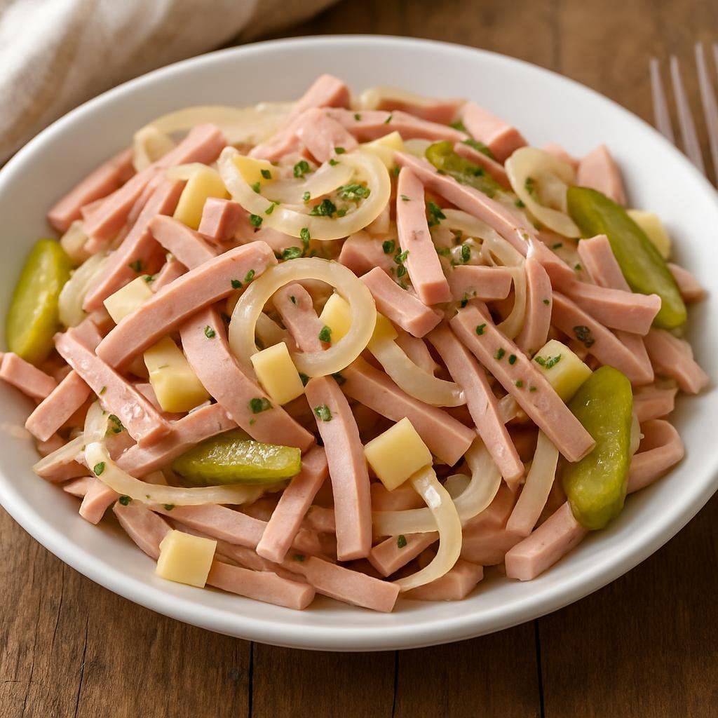 Entree: Switzerland – German Swiss – Schweizer Wurstsalat (Marinated Swiss thinly sliced cooked sausage and cheese served cold with onions and pickles) recipe
