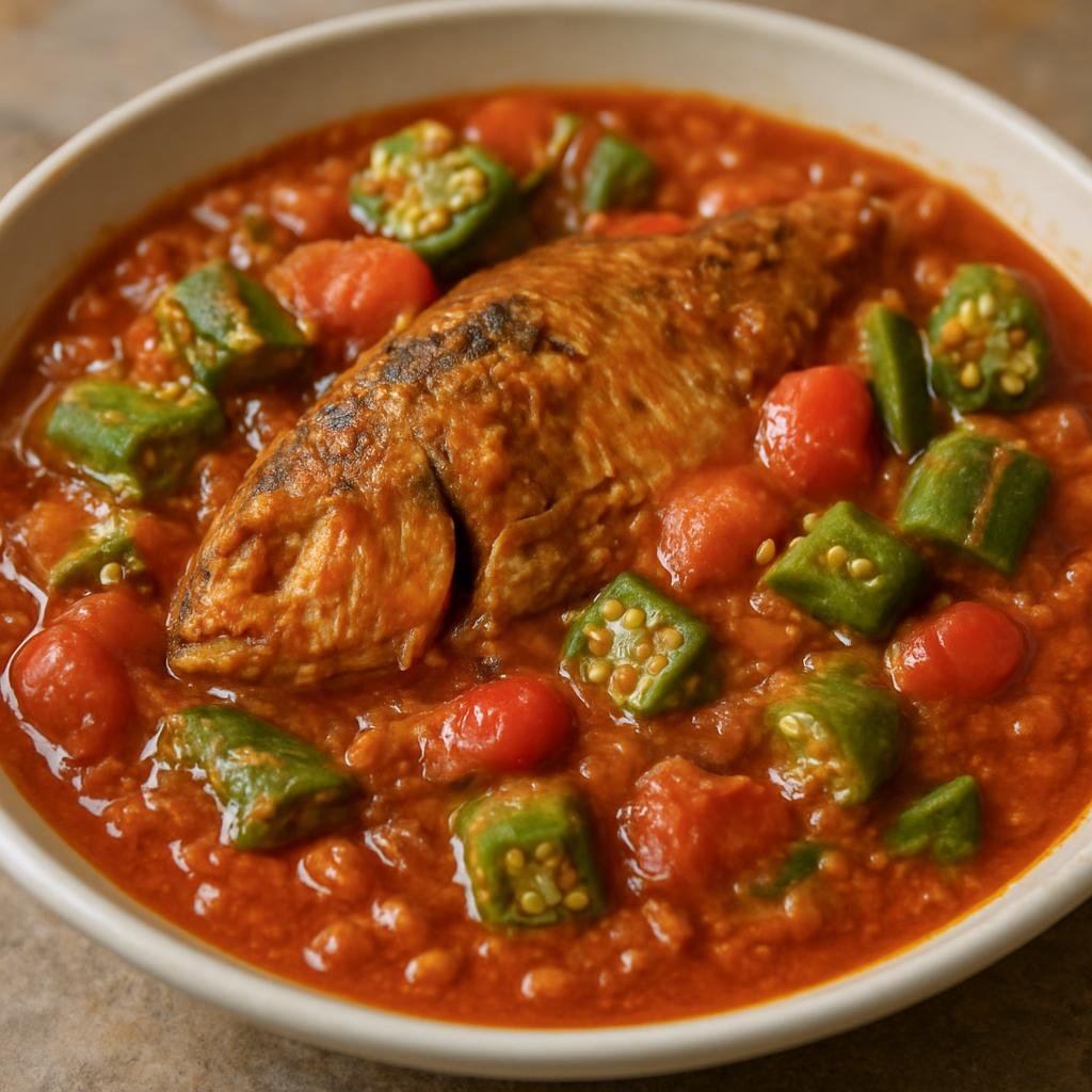 Entree: Guinea-Bissau – Southern Culinary Region – Chabéu (Hearty West African palm-oil and groundnut fish stew with tomatoes, hot peppers, and okra) recipe