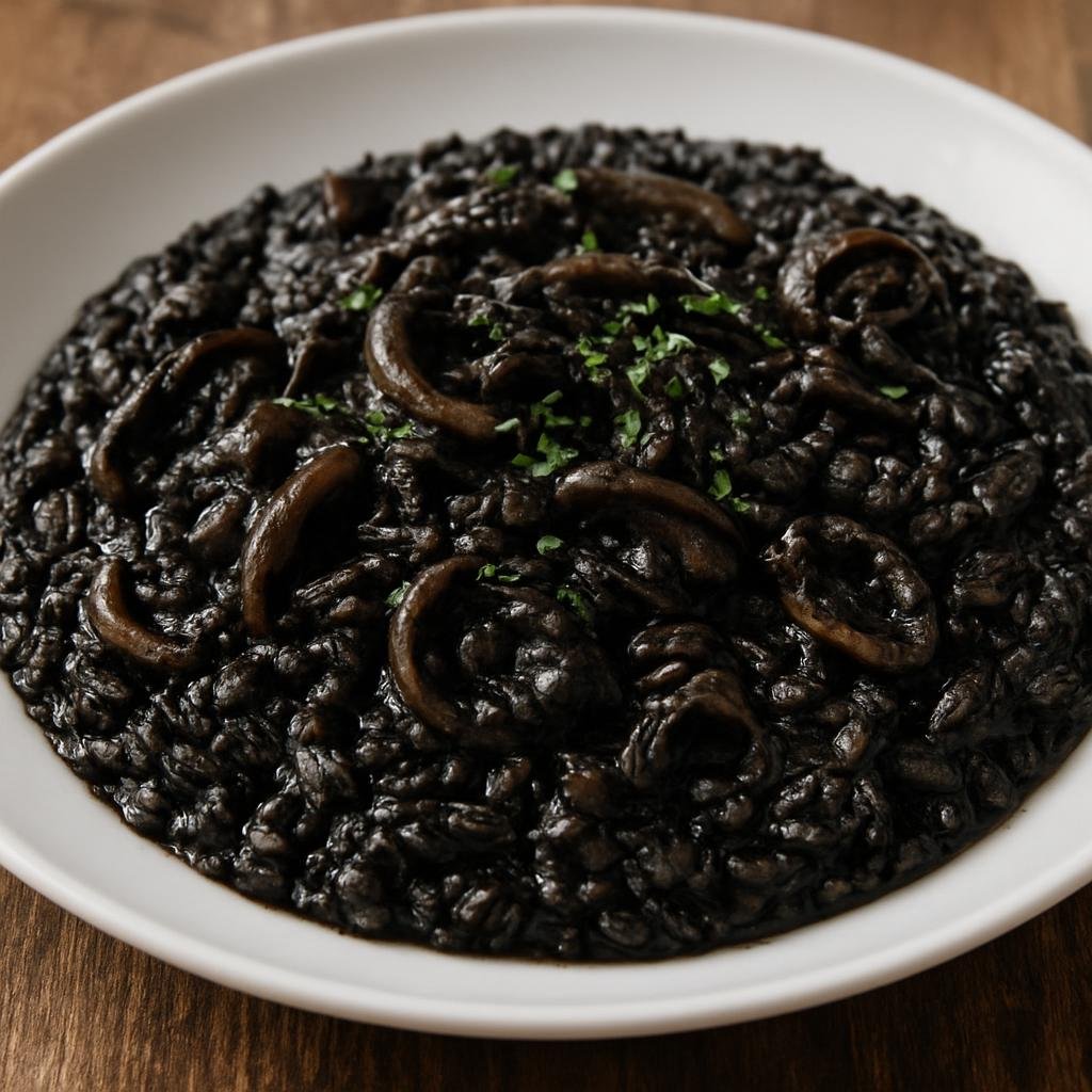 Entree: Montenegro – Southern Culinary Region – Crni Rižot (A black seafood risotto cooked with squid or cuttlefish and their ink producing a briny, creamy rice) recipe