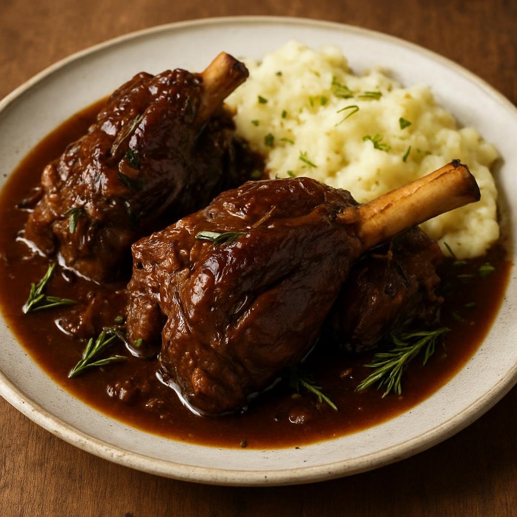 Entree: New Zealand – South Island – Canterbury Lamb Shanks (Slow-braised Canterbury-style lamb shanks in a rosemary and red-wine gravy) recipe