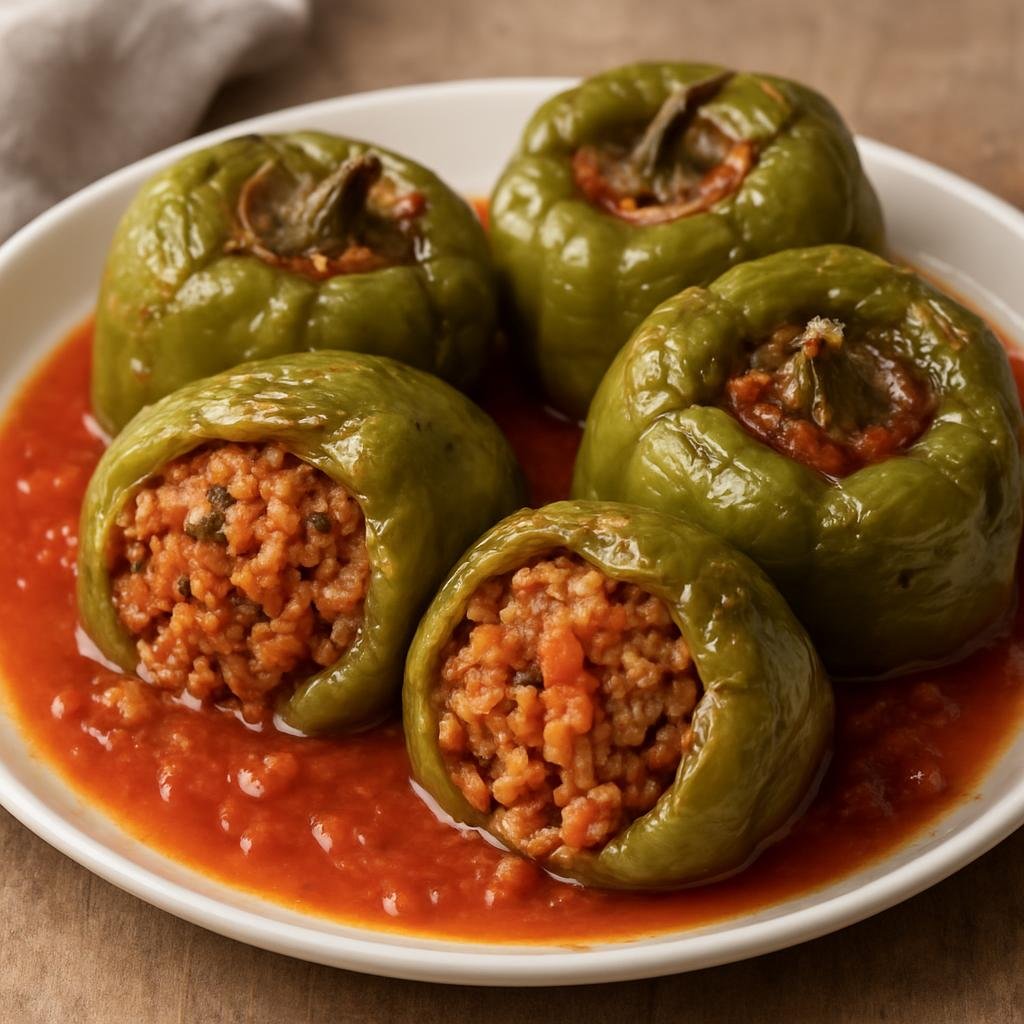Entree: North Macedonia – Southern Culinary Region – Полнети пиперки ➤ Polneti piperki (Roasted peppers stuffed with seasoned ground meat and rice braised in tomato sauce) recipe