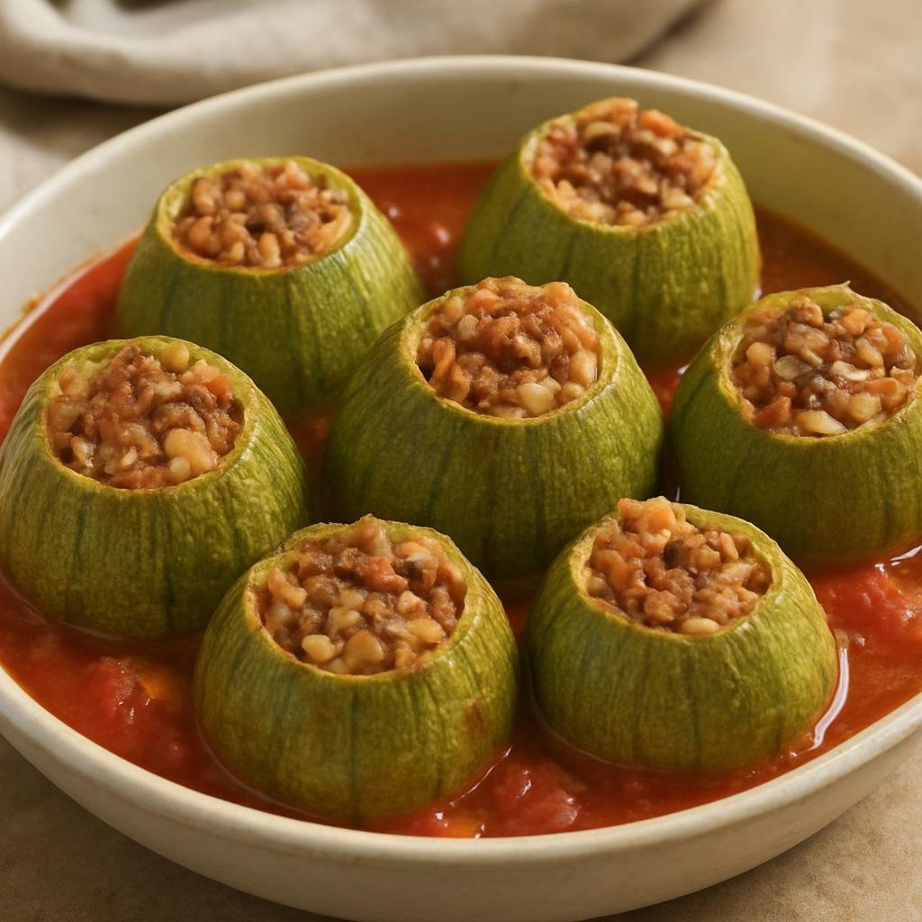 Entree: Palestine – Southern Culinary Region – كوسا محشي ➤ Kousa mahshi (Small summer squash hollowed and stuffed with spiced rice and ground meat simmered in tomato broth) recipe
