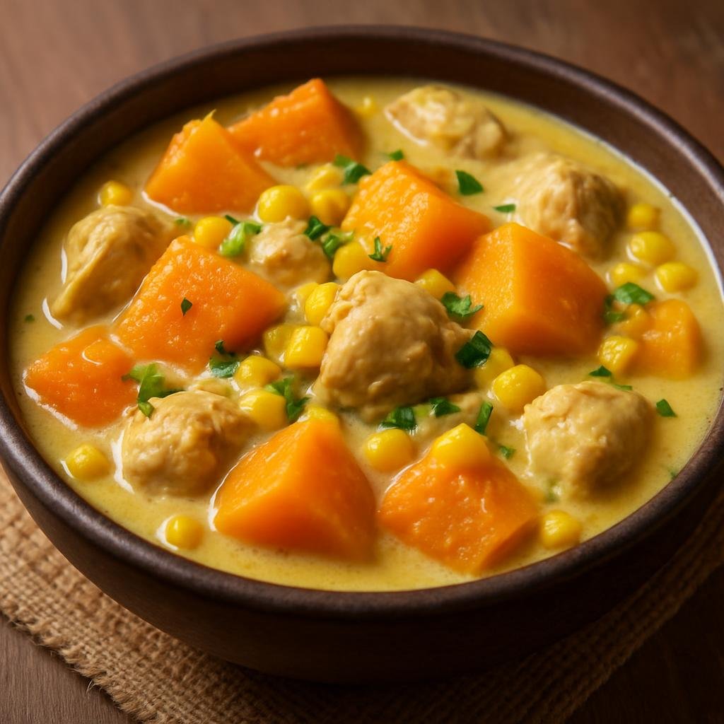 Entree: Timor-Leste – Southern Culinary Region – Koto (Hearty Timorese stew of pumpkin, corn, and chicken cooked in coconut milk) recipe