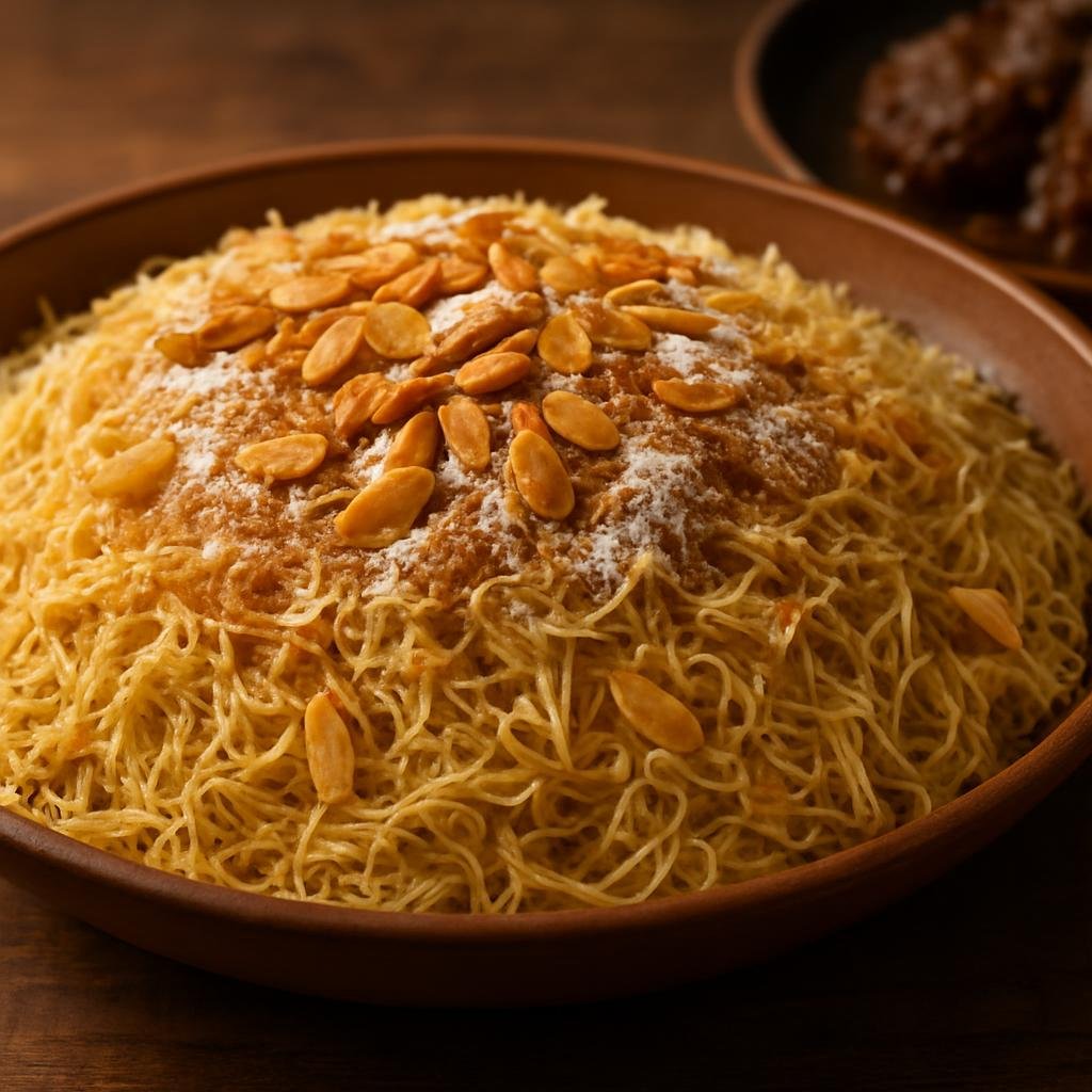 Entree: Western Sahara – Southern Culinary Region – Seffa (Sweet, spiced steamed couscous or vermicelli crowned with powdered sugar, cinnamon and toasted almonds, often served with braised meat) recipe