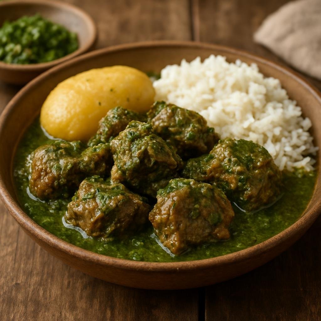 Entree: Peru – Andean Highlands – Seco de Cordero (A hearty Peruvian lamb stew braised in a cilantro-based sauce with beer and spices) recipe