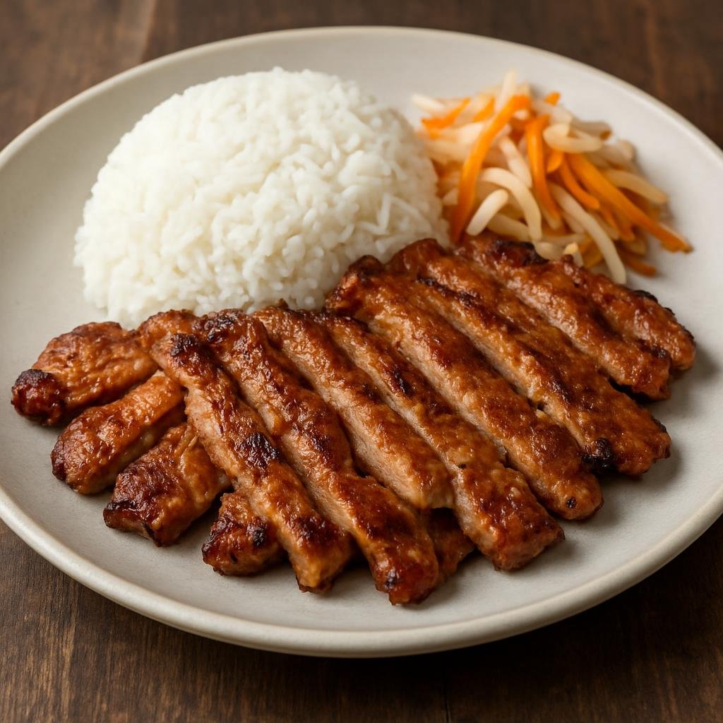 Entree: Cambodia – Khmer Central Cuisine – បាយសាច់ជ្រូក ➤ Bai Sach Chrouk (Thinly sliced marinated grilled pork served with steamed rice and pickled vegetables) recipe