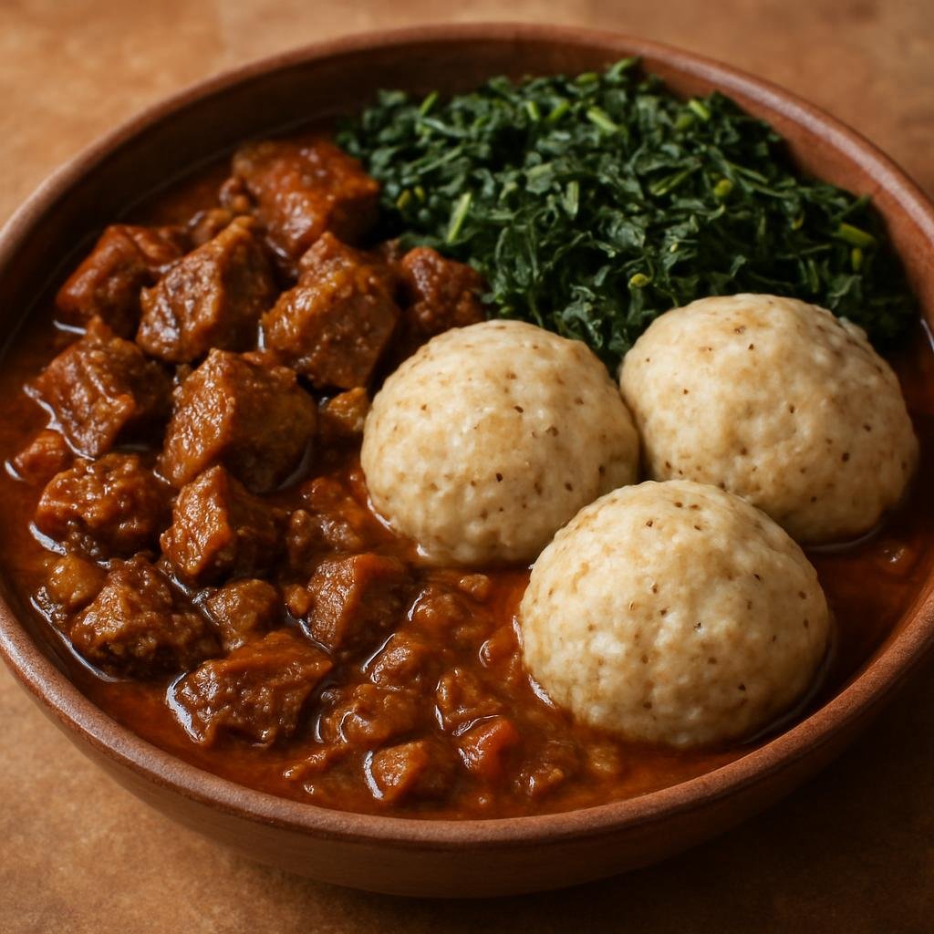 Entree: Botswana – Northern Culinary Region – Ditloo (Hearty beef stew with sorghum dumplings and local greens) recipe