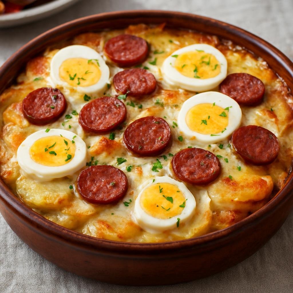 Entree: Hungary – Northern Hungary – Rakott krumpli (Layered baked casserole of potatoes, hard-boiled eggs, sour cream, and smoked sausage) recipe