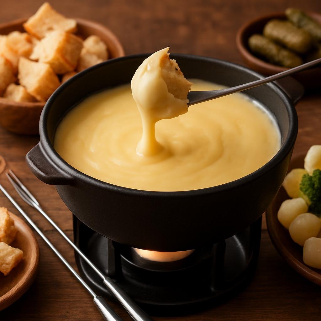 Entree: Switzerland – German Swiss – Schweizer Fondue (Communal melted cheese pot served with bread and other dippers for sharing) recipe