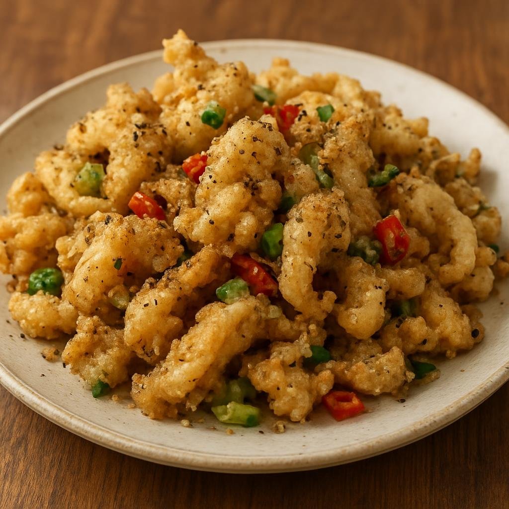 Entree: Hong Kong – Southern Culinary Region – 椒鹽魷魚 ➤ Jiāoyán Yóuyú (Crispy deep-fried squid tossed with salt, pepper, and aromatic spices) recipe