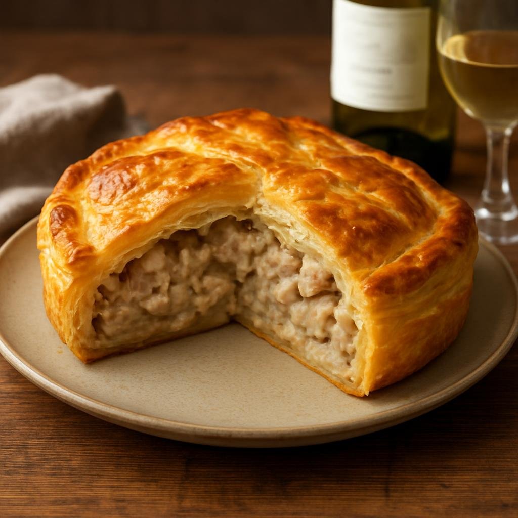 Entree: Luxembourg – Southern Culinary Region – Rieslingspaschtéit (Savory puff pastry meat pie flavored with Riesling and cream) recipe