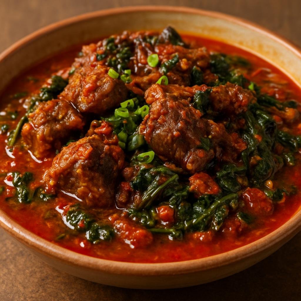 Entree: Republic of the Congo – Southern Culinary Region – Ntaba (Hearty braised goat stew cooked in red palm oil with tomatoes, hot pepper, and local greens) recipe