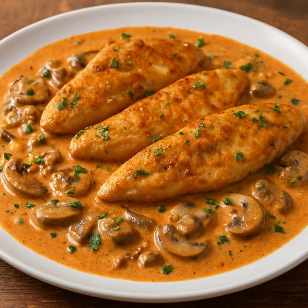 Entree: Slovakia – Southern Culinary Region – Kuracie Prsia na Smotane (Pan-seared chicken breasts simmered in a creamy mushroom and paprika sauce) recipe
