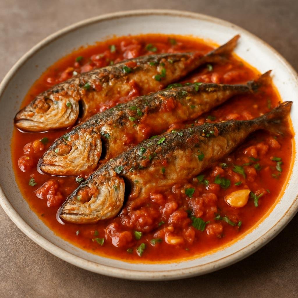 Entree: Portugal – Azores – Chicharros com Molho de Vilão (Pan-fried jack mackerel served in a robust Azorean spicy tomato and garlic sauce) recipe