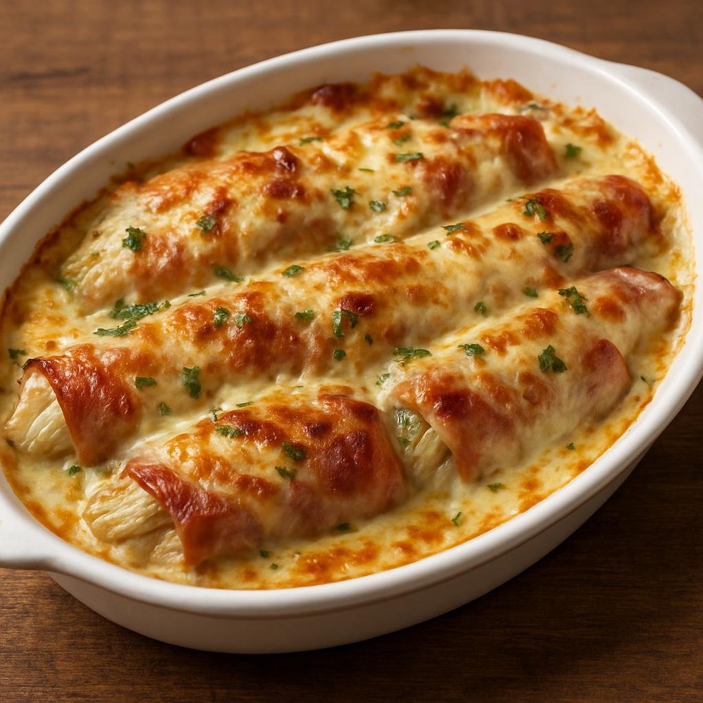 Entree: Belgium – Central Culinary Region – Chicons au Gratin (Belgian braised endives wrapped in ham, topped with béchamel and melted cheese) recipe
