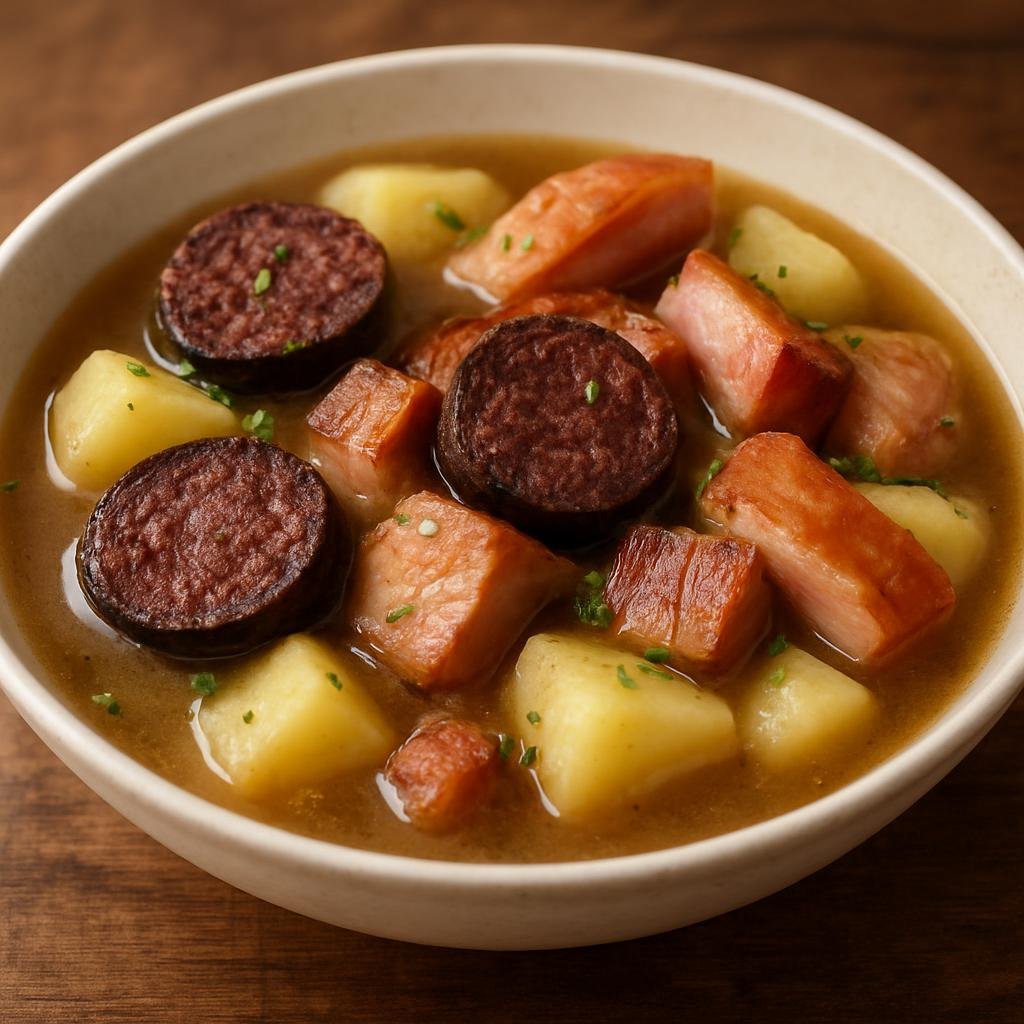 Entree: Finland – Karelia – Rössypottu (A Karelian potato stew with slices of blood sausage and smoked pork, slowly simmered in savory stock) recipe