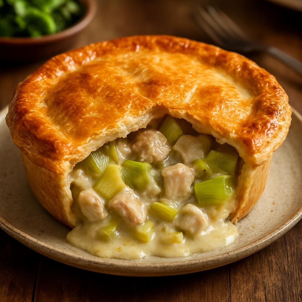 Entree: Ireland – Irish Pub Classics – Chicken and Leek Pie (Savory baked pie of chicken and leeks in a creamy sauce enclosed in pastry) recipe