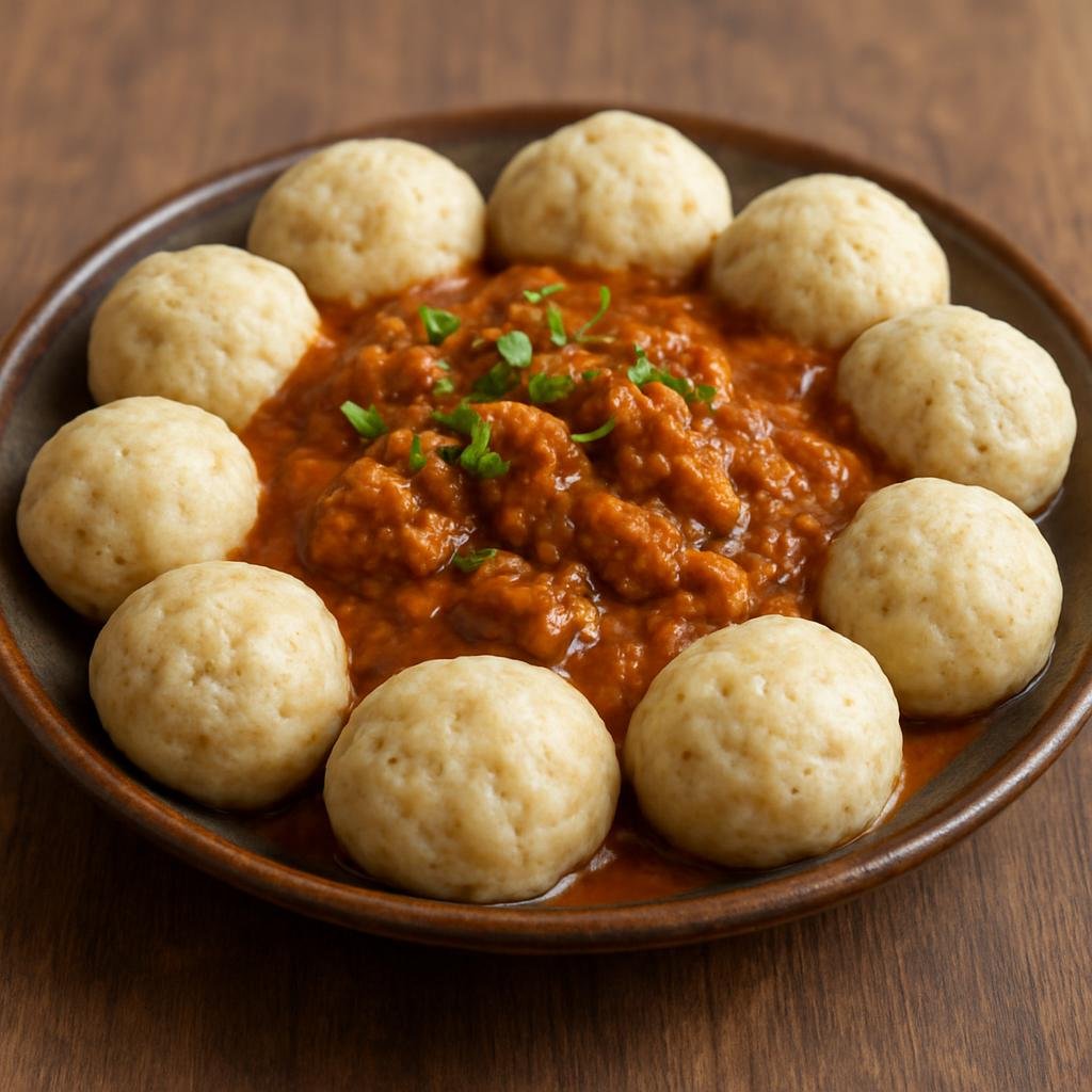 Entree: Burkina Faso – Northern Culinary Region – Benga (Millet dumplings served with a savory peanut-tomato meat sauce) recipe