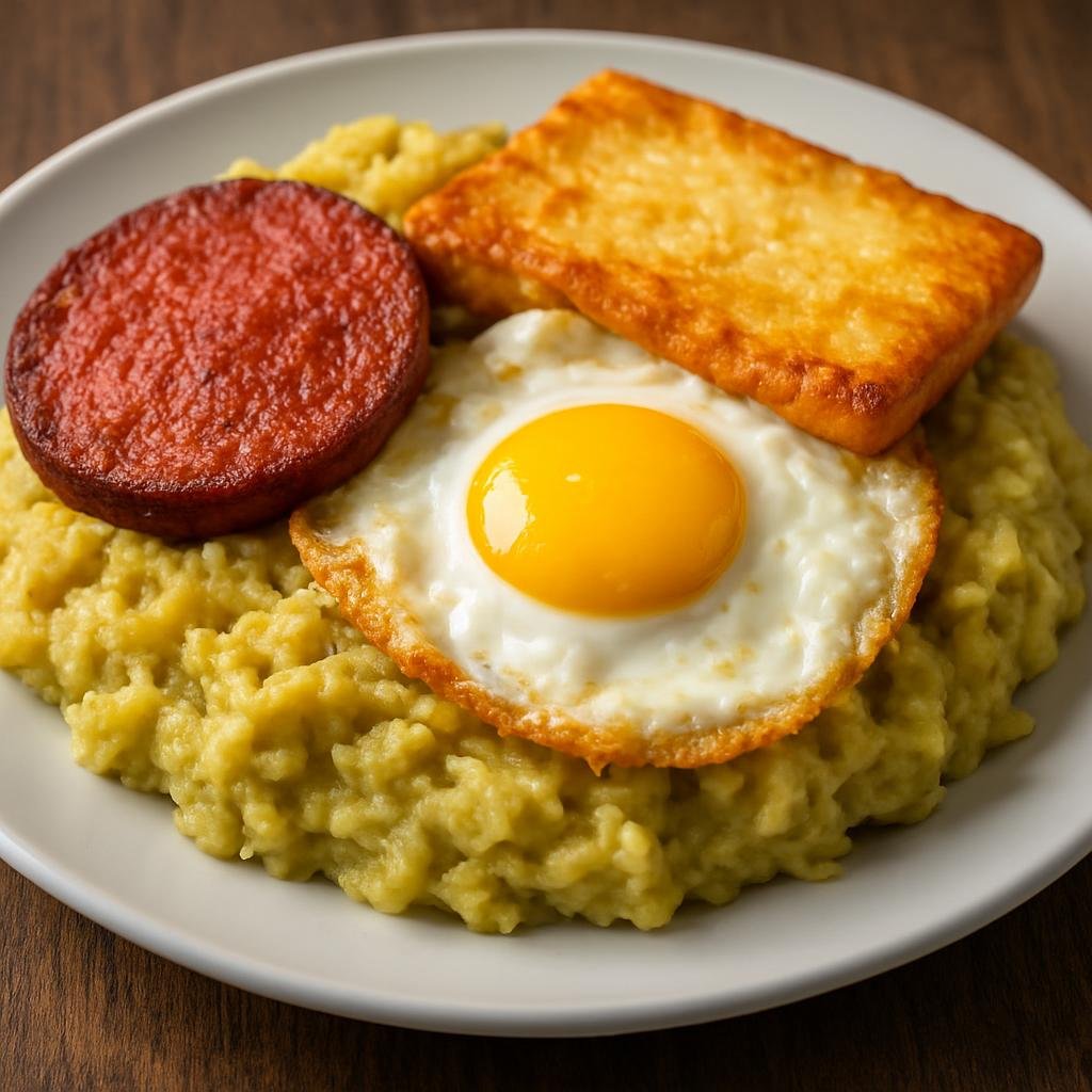 Entree: Dominican Republic – Northern Culinary Region – Mangú con Los Tres Golpes (Mashed boiled green plantains served with fried salami, fried cheese, and fried eggs) recipe