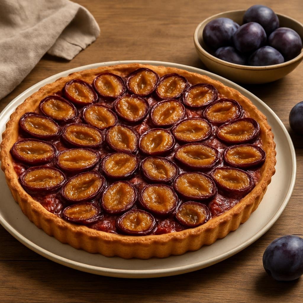 Entree: Luxembourg – Southern Culinary Region – Quetschentaart (Traditional thin plum tart with halved damson plums on a shortcrust base) recipe