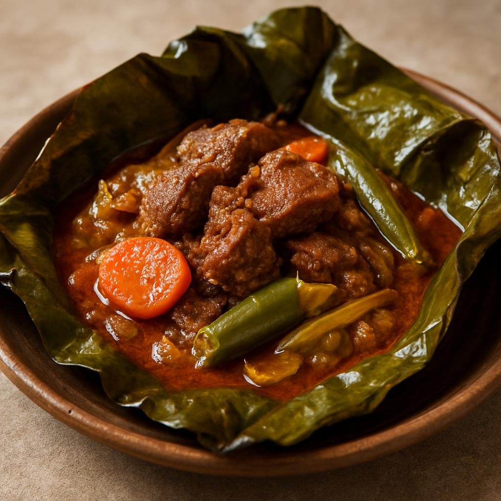 Entree: Republic of the Congo – Southern Culinary Region – Maboke de Viande (Braised spiced beef wrapped and steamed in banana leaves with palm oil and vegetables) recipe