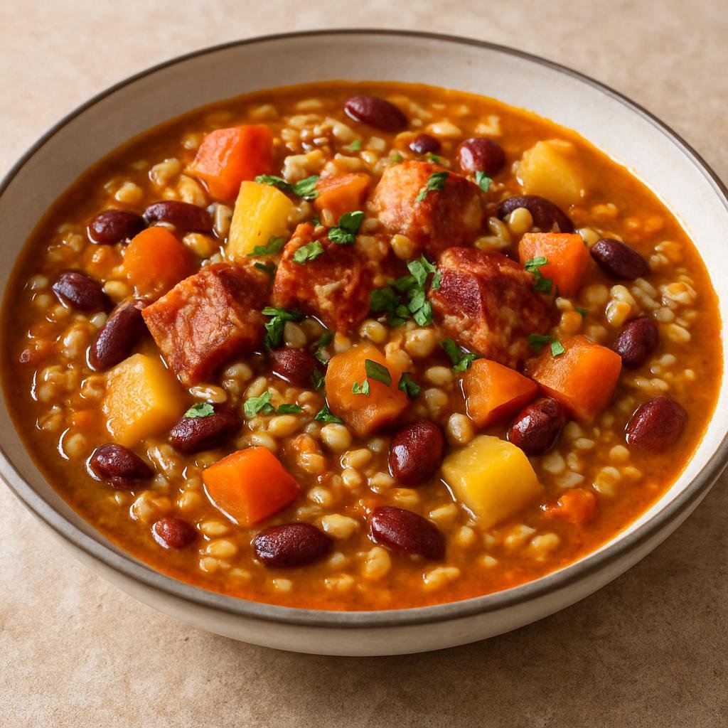 Entree: Slovenia – Southern Culinary Region – Ričet (Hearty barley and bean stew with smoked pork and root vegetables) recipe