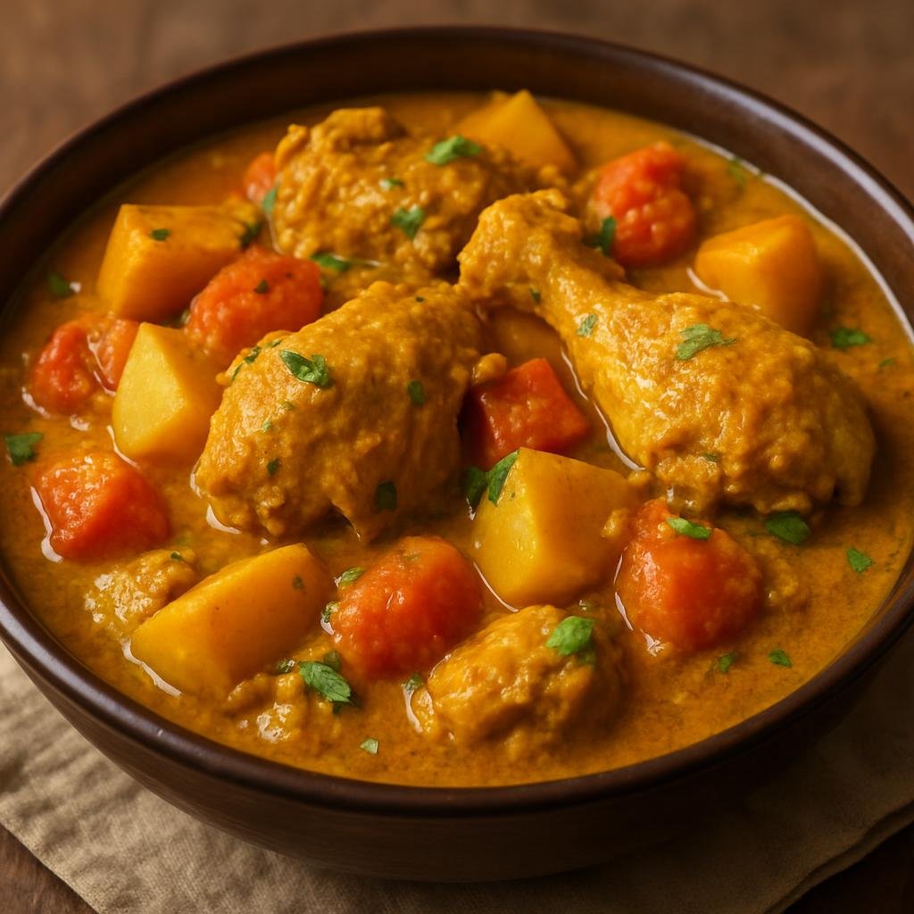 Entree: Suriname – Southern Culinary Region – Kip Kerrie (Surinamese curried chicken stew simmered with warm spices, tomatoes, and potatoes) recipe
