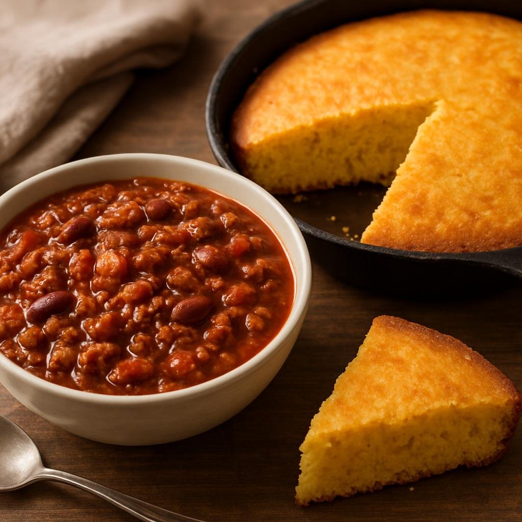 Entree: United States – Appalachia – Cornbread and Chili (Hearty, spiced ground-beef chili served alongside a golden skillet cornmeal cornbread) recipe