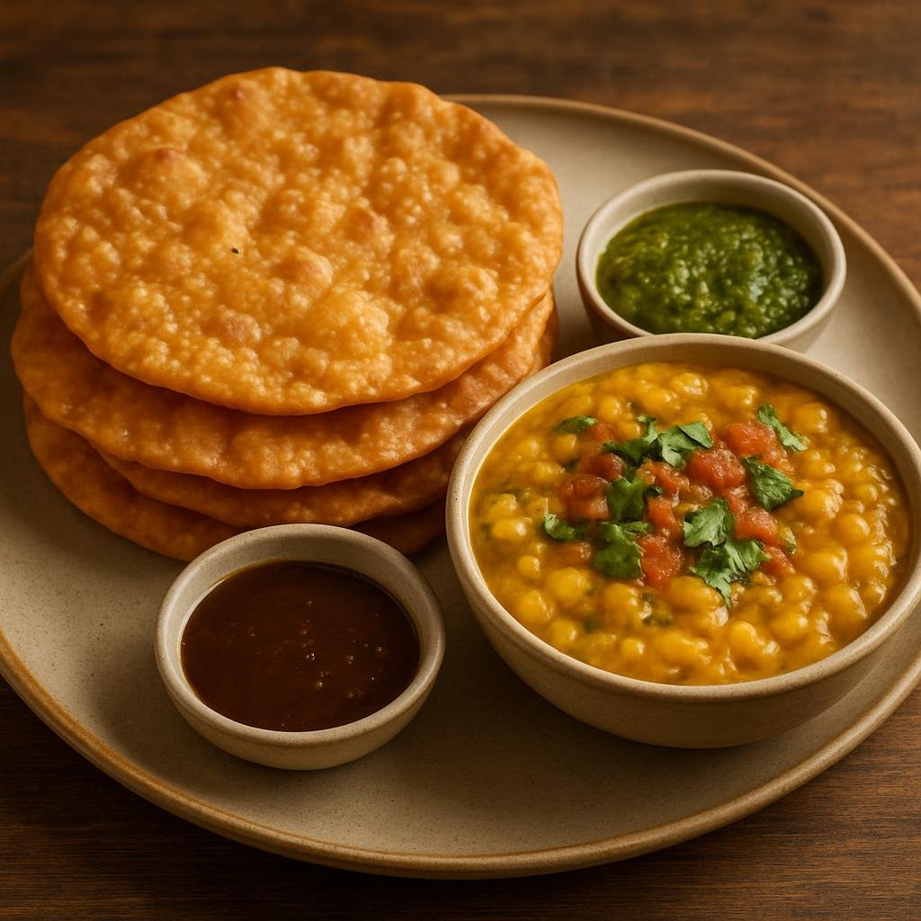 Entree: India – Sindhi-Indian – दाल पक्वान ➤ Dāl Pakwān (Crisp deep-fried flatbreads served with spiced chana dal and chutneys) recipe