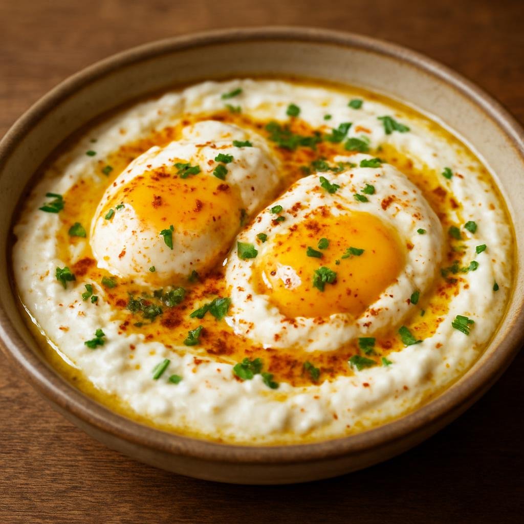 Entree: Turkey – Black Sea Turkey – Çılbır (Poached eggs on garlicky strained yogurt finished with melted spiced butter) recipe