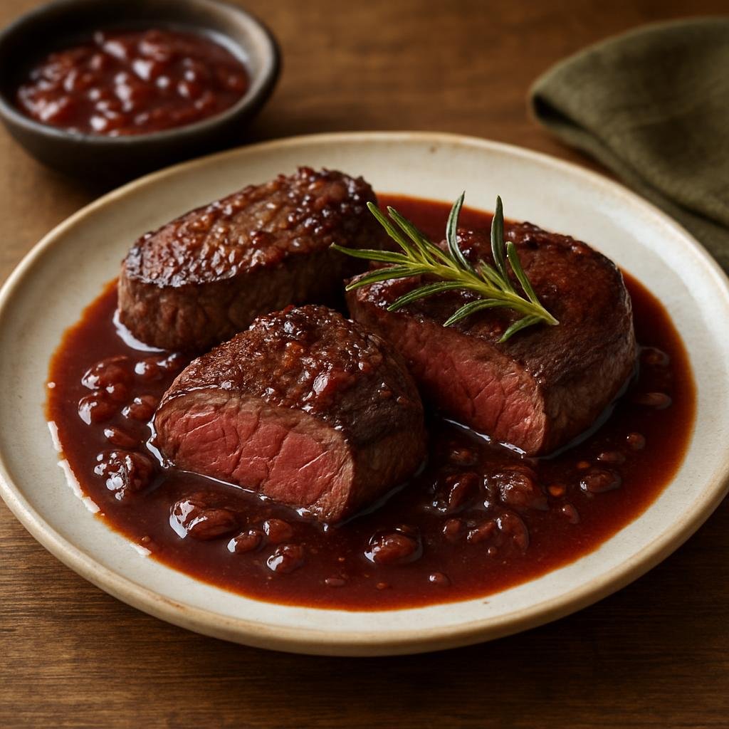 Entree: United Kingdom – Cornwall & West Country – Exmoor Venison (Seared venison steaks from Exmoor served with a cider-red wine pan sauce) recipe