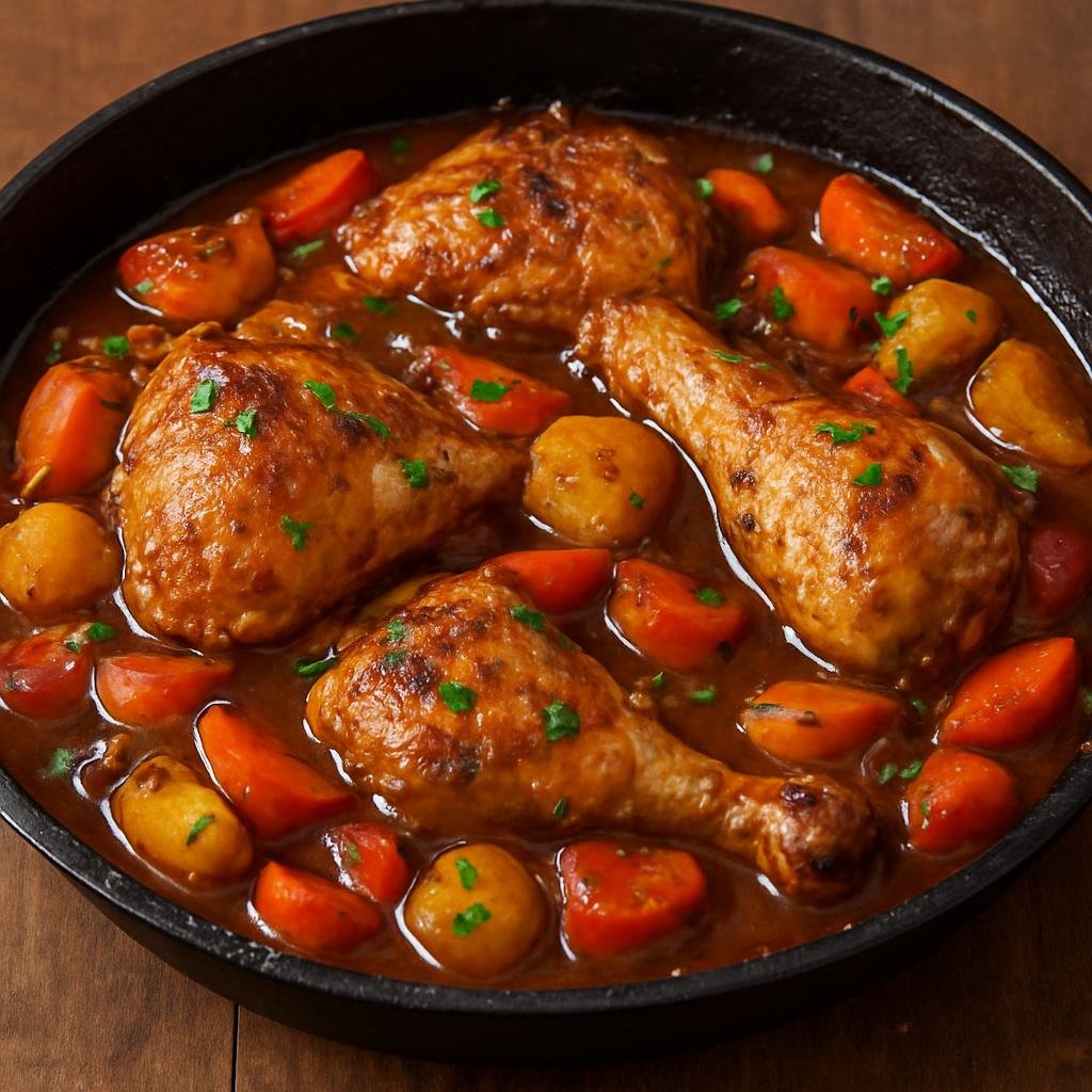 Entree: Argentina – Buenos Aires – Pollo al Disco (Chicken braised and simmered in a plow-disc with vegetables and wine) recipe