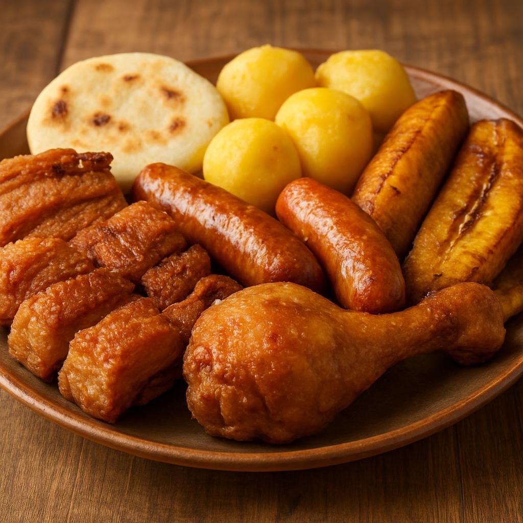 Entree: Colombia – Bogota / Andean – Fritanga (Assorted platter of fried Andean meats served with potatoes, plantains and arepas) recipe