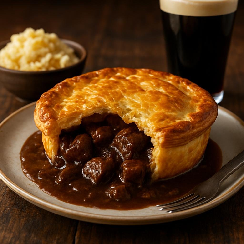 Entree: Ireland – Irish Pub Classics – Steak and Guinness Pie (A rich beef and stout pie of tender steak simmered in Guinness gravy and topped with flaky pastry) recipe
