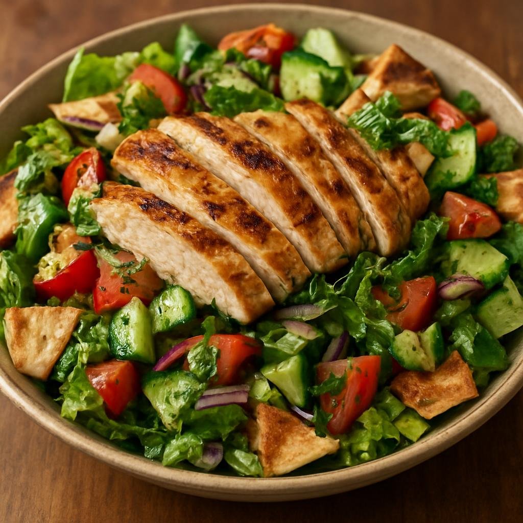 Entree: Syria – Damascus – فتوش مع دجاج مشوي ➤ Fattūsh maʿa Dajāj Mashwī (Levantine toasted-pita and vegetable salad tossed with herbs and slices of grilled chicken) recipe