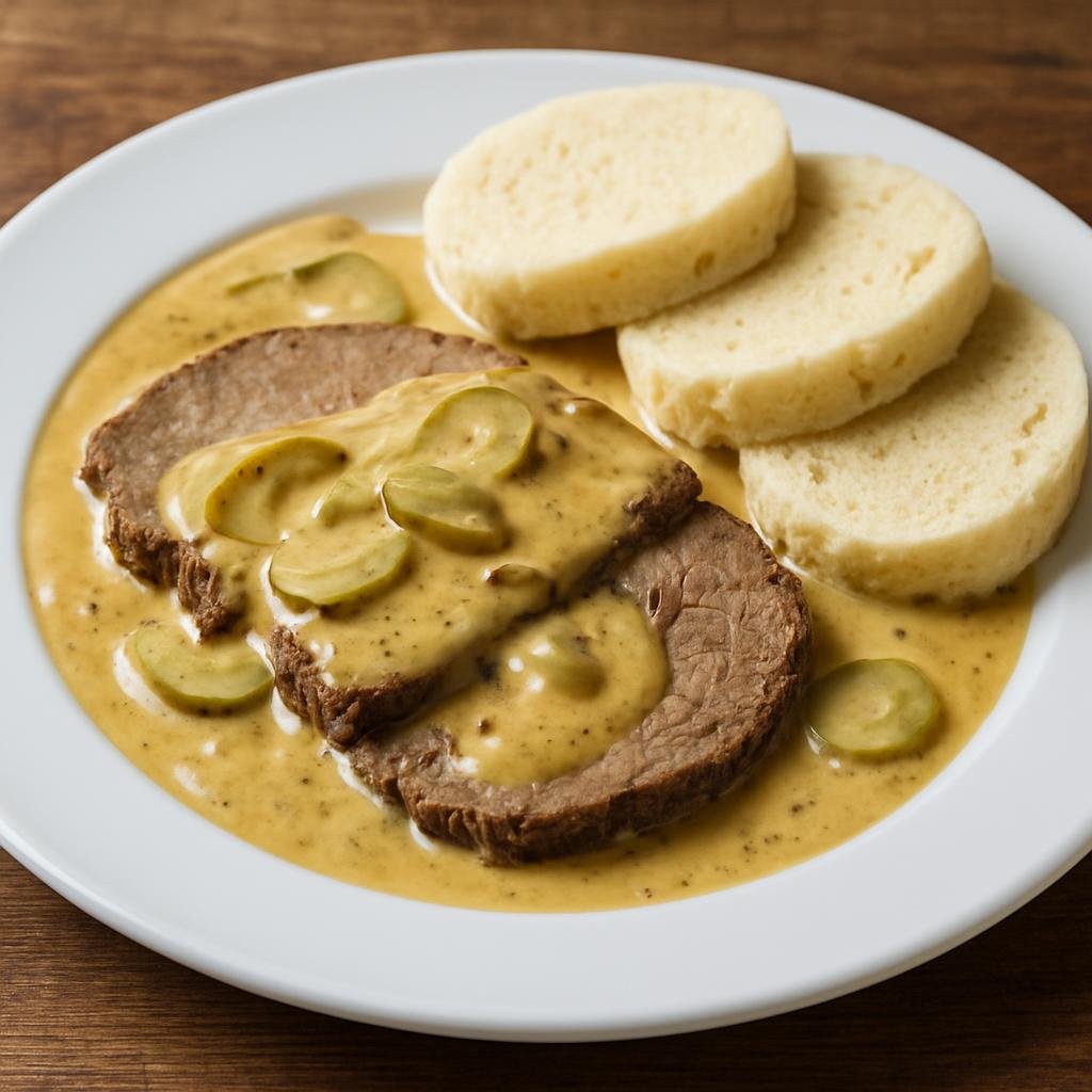 Entree: Czechia – Moravia – Znojemská roštěná (Sliced beef roast in a tangy mustard and pickled-cucumber cream sauce from Znojmo) recipe