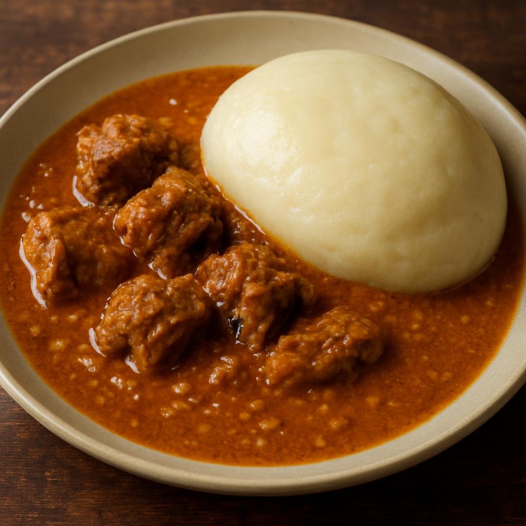 Entree: Sierra Leone – Southern Culinary Region – Fufu with Soup (Starchy pounded cassava and plantain dough served with a savory meat and groundnut soup) recipe