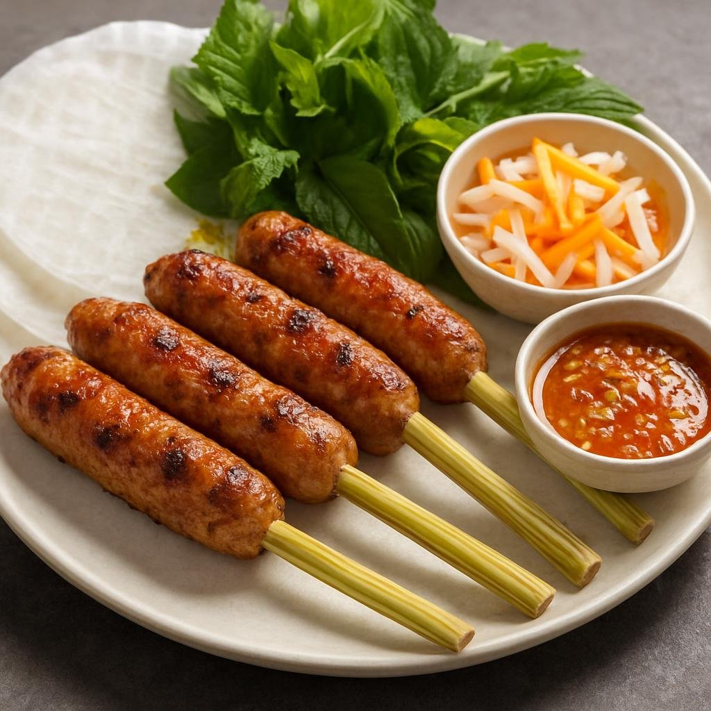 Entree: Vietnam – Hoi An / Da Nang – Nem Lui (Charcoal-grilled seasoned pork formed onto lemongrass stalks and served with rice paper, fresh herbs, pickles, and pungent dipping sauce) recipe