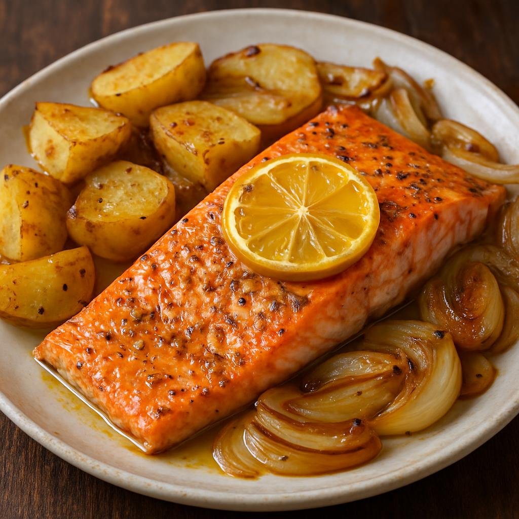 Entree: Chile – Chiloe – Salmón al Horno (Oven-baked Chilean salmon seasoned with citrus, butter, and local spices, often served with potatoes and onions) recipe