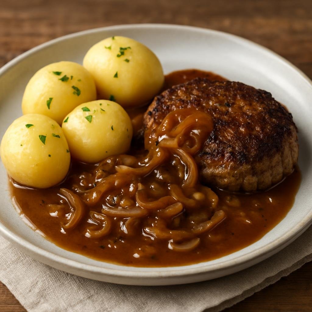 Entree: Denmark – Copenhagen & Zealand – Hakkebøf (Pan-fried seasoned ground beef patties typically served with onion gravy and boiled potatoes) recipe