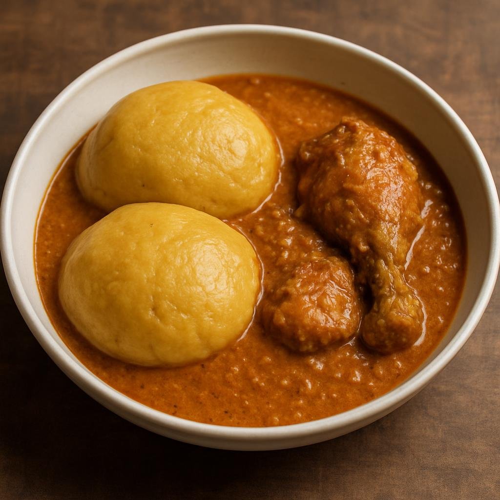 Entree: Ghana – Ewe Volta Cuisine – Amorkple with Groundnut Soup (cornmeal dumplings with peanut chicken stew) recipe