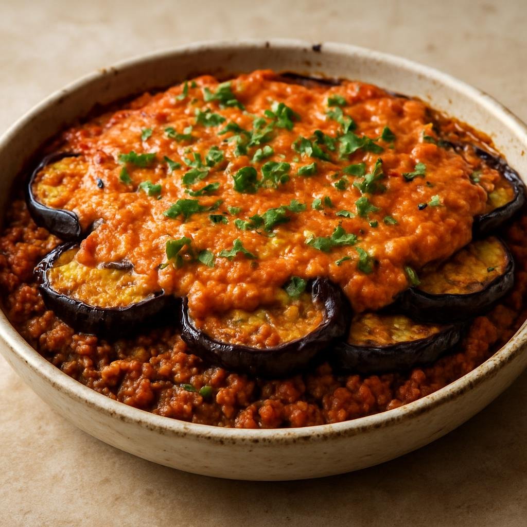 Entree: Israel – Jerusalem – סינייה ➤ Siniya (Shallow oven-baked casserole of spiced ground lamb layered with eggplant and a tahini-tomato topping) recipe