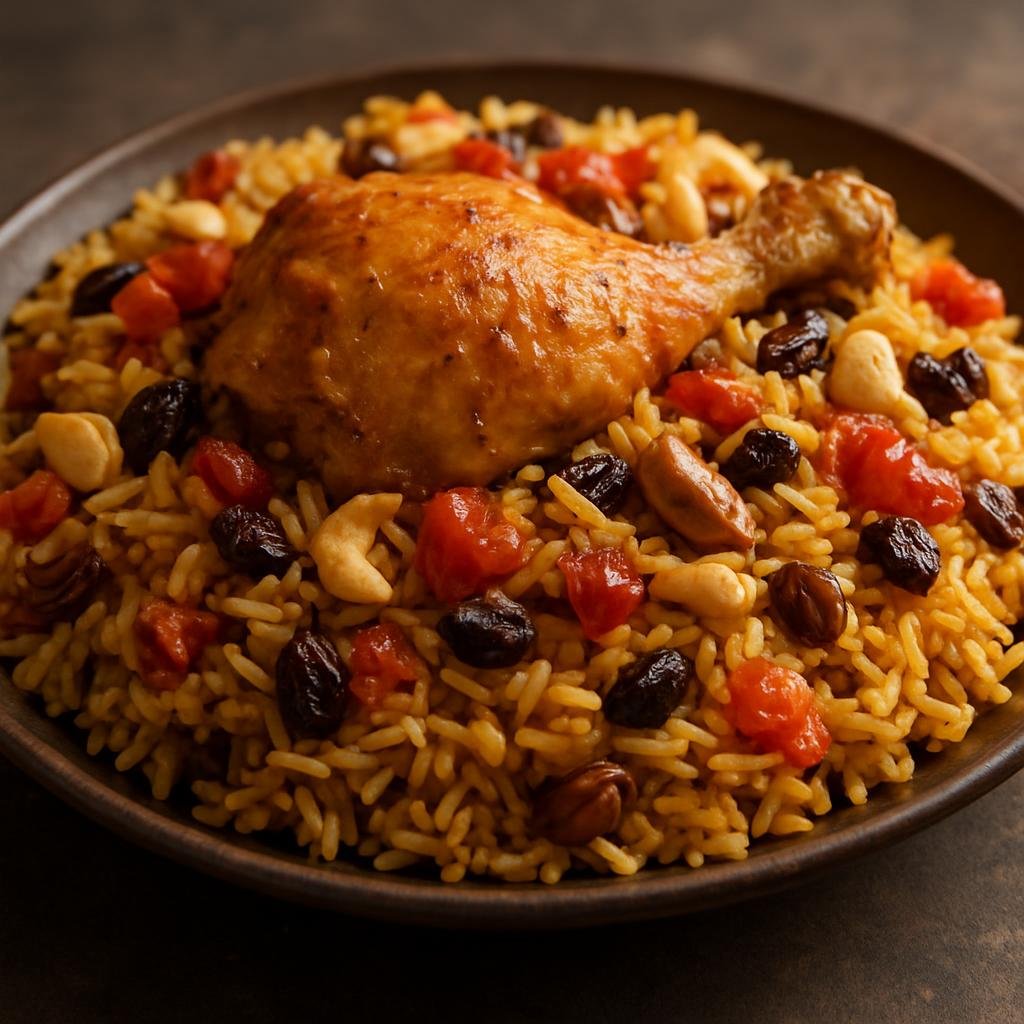 Entree: Saudi Arabia – Hijaz – رز بخاري ➤ Ruz Bukhari (Fragrant spiced long-grain rice cooked with chicken, tomatoes, raisins, and nuts) recipe