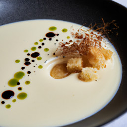 Appetizer: United States – Silky Riesling Celeriac-Parsnip Soup with Juniper and Caraway Rye Crumbs recipe