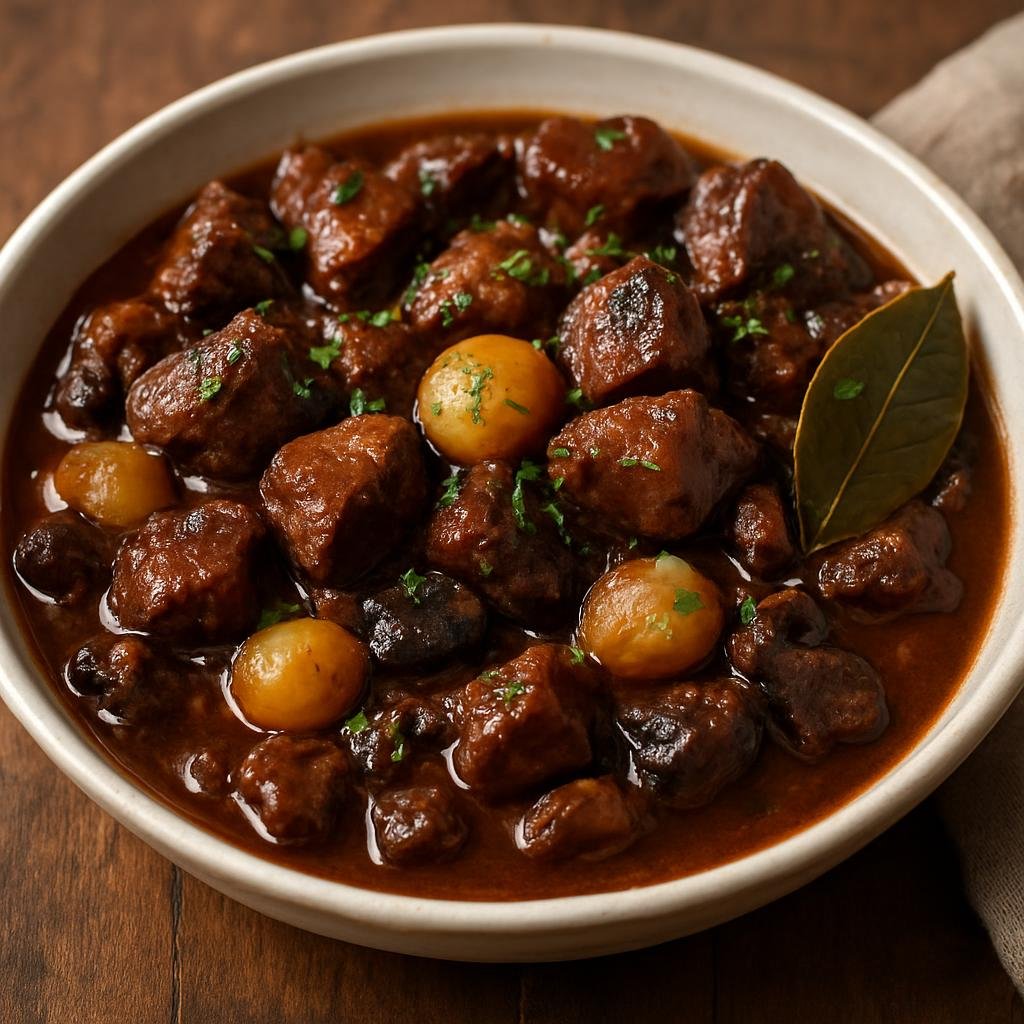 Entree: French Guiana – Northern Culinary Region – Civet de Cochon Marron (Slow-braised feral pork stew flavored with wine, local aromatics, and bay) recipe