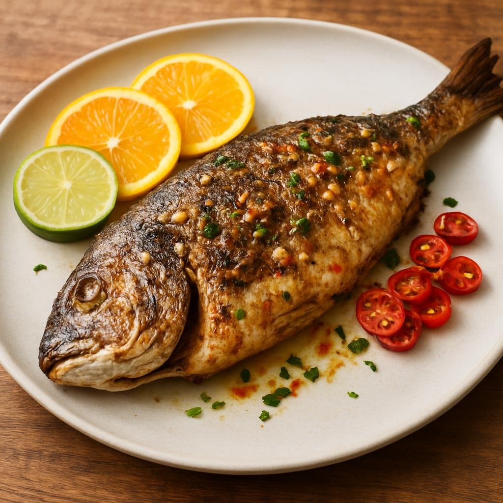 Entree: Guinea-Bissau – Southern Culinary Region – Peixe Grelhado (Whole grilled fish seasoned with garlic, citrus, and chili typical of Guinea-Bissau) recipe